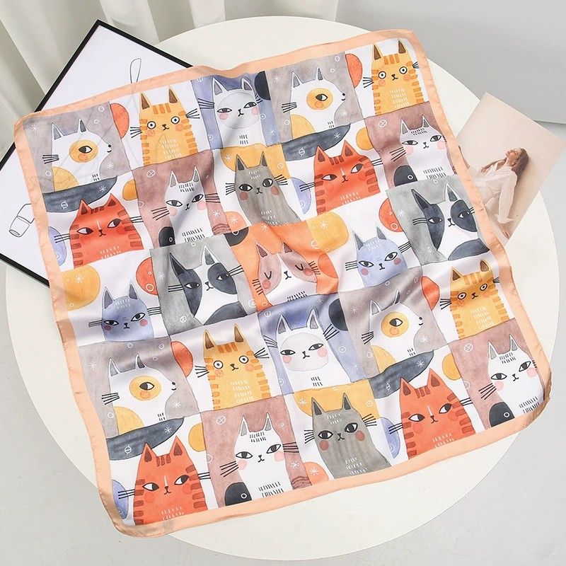 Square Cat Print Silk Feel Satin Scarf Cute Animal Neck Wrap 27.5 Inch
