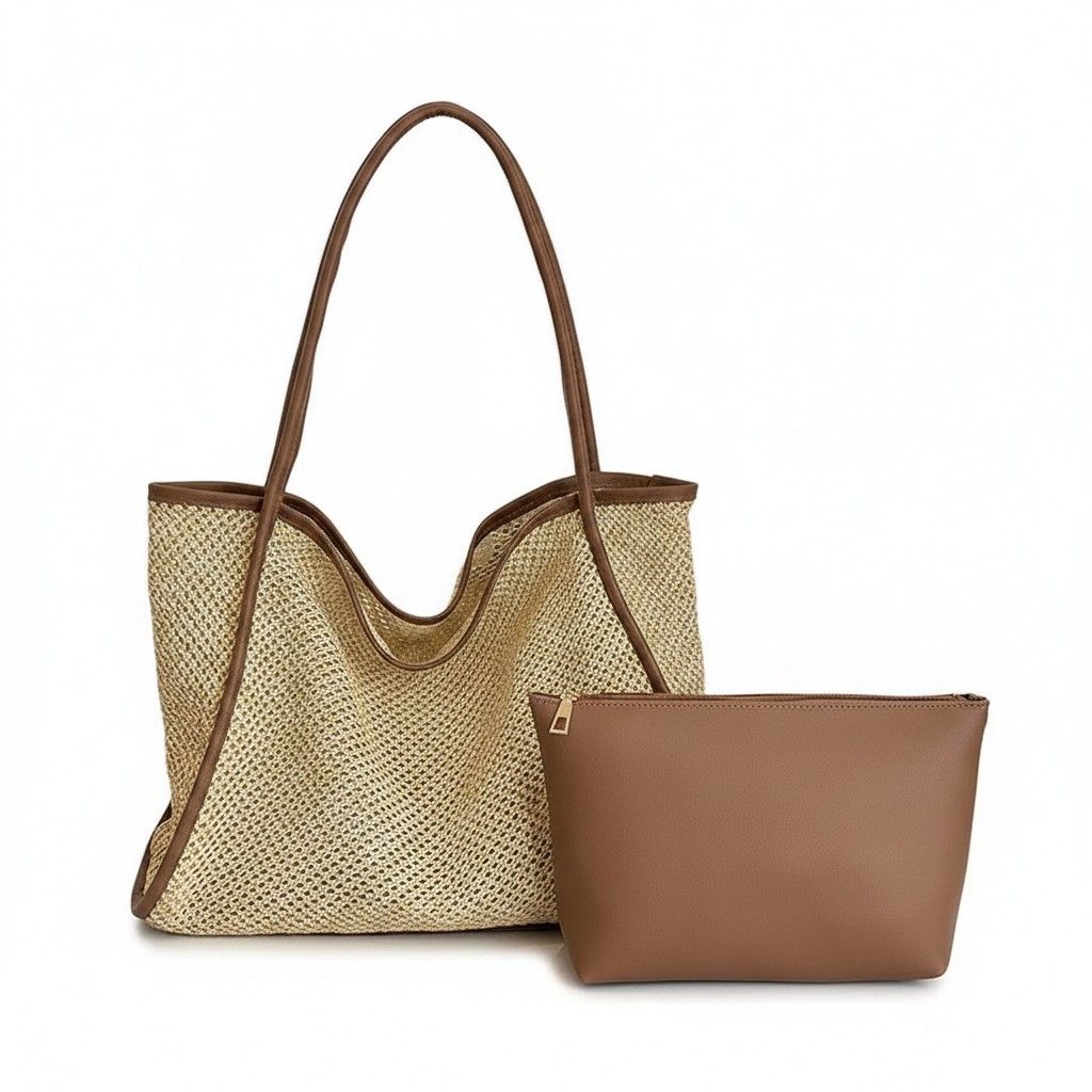 Woven Straw Tote Bag with Shoulder Straps Lightweight Crochet Knit Tote with Pouch