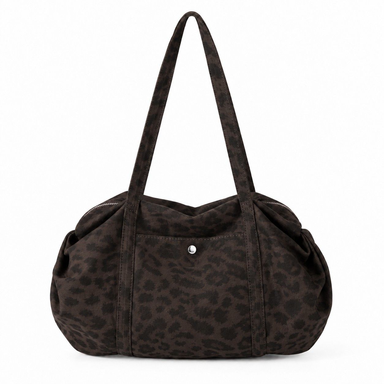 Leopard Print Barrel Shoulder Bag with Zip Closure and Interior Pockets