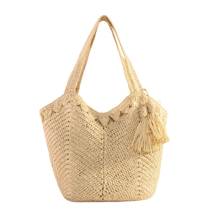 Tassel Straw Tote Bag with Zipper Closure for Beach and Travel