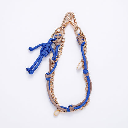 Blue Rope and Gold Tone Chain Bag Charm with Shell Accents and Clip On Clasps