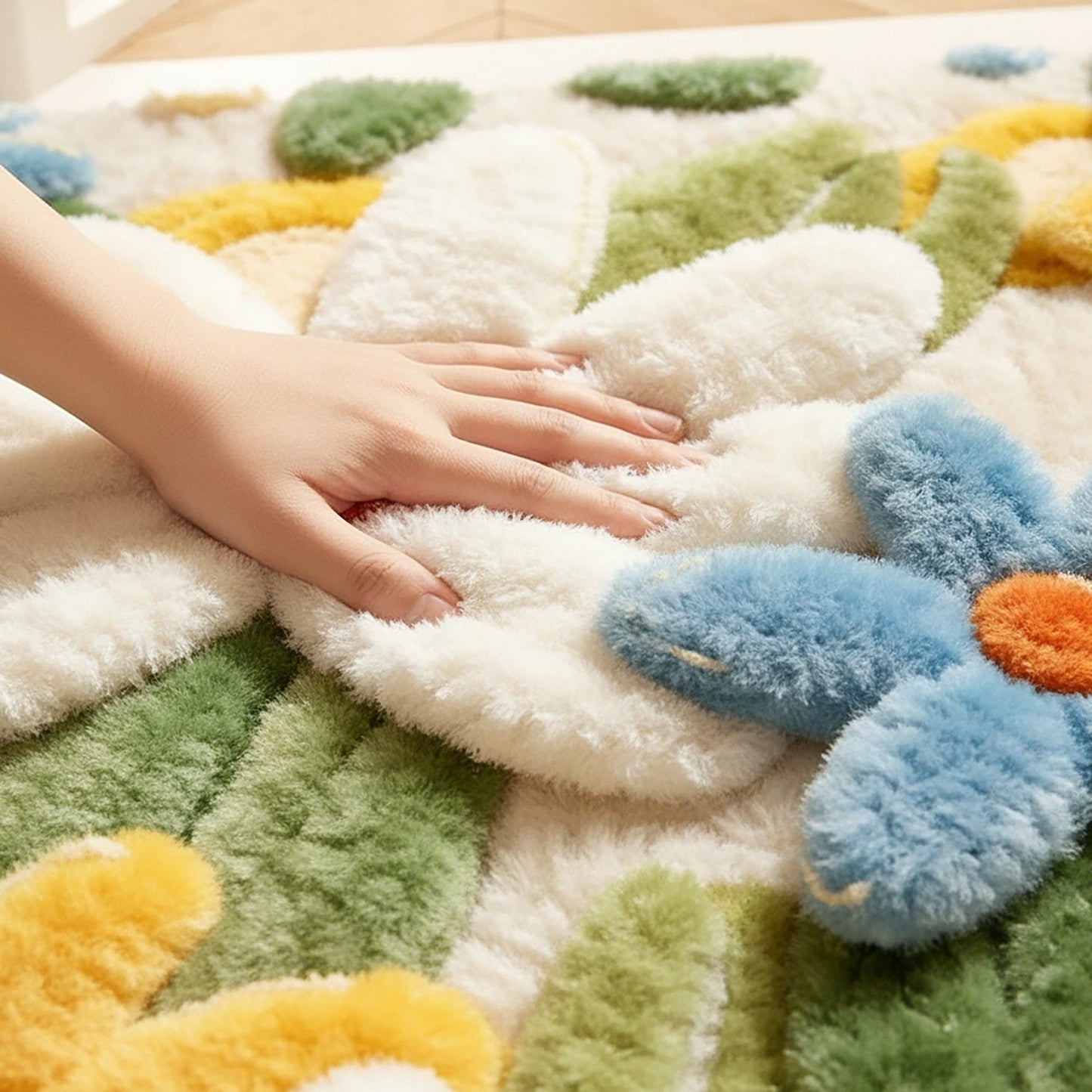 Tufted Floor Mat with Cute Animal and Sunflower Design Non Slip Backing Soft Plush Decorative Rug