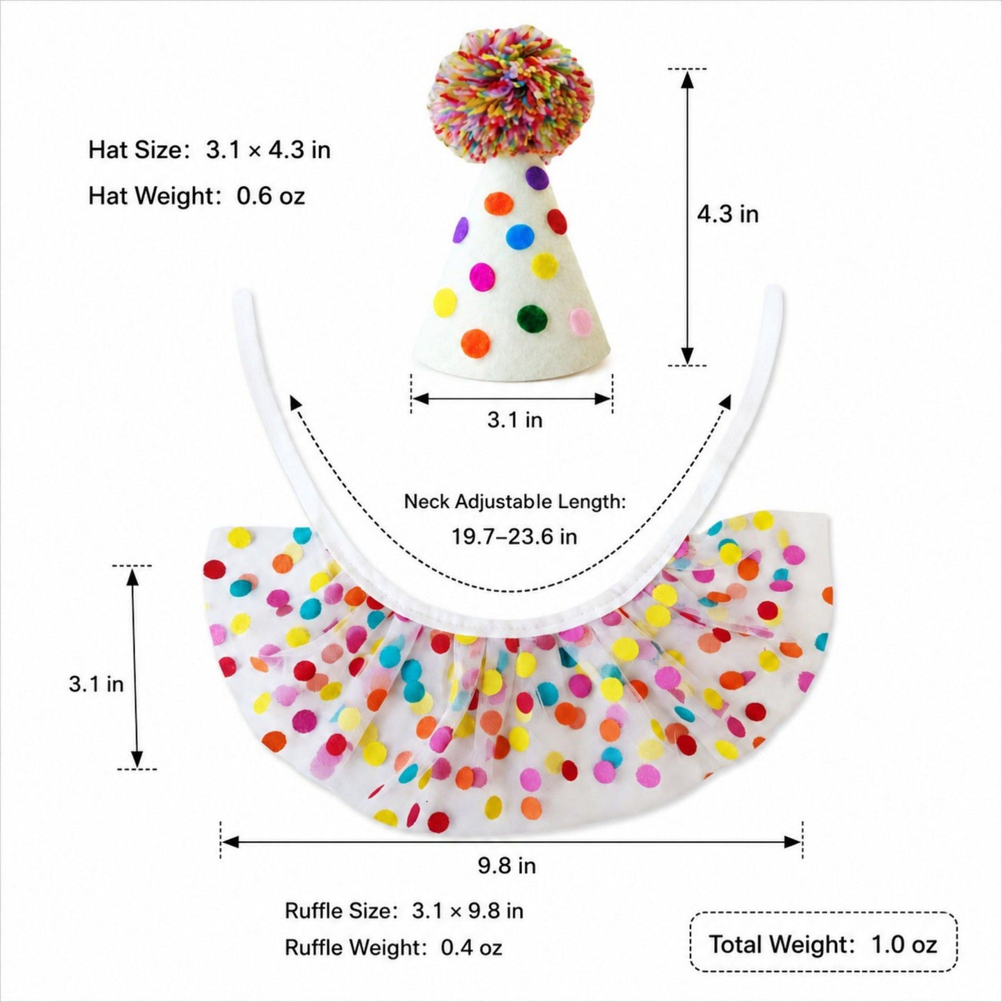 Pet Birthday Hat and Polka Dot Tulle Collar Set Colorful Party Costume Accessory