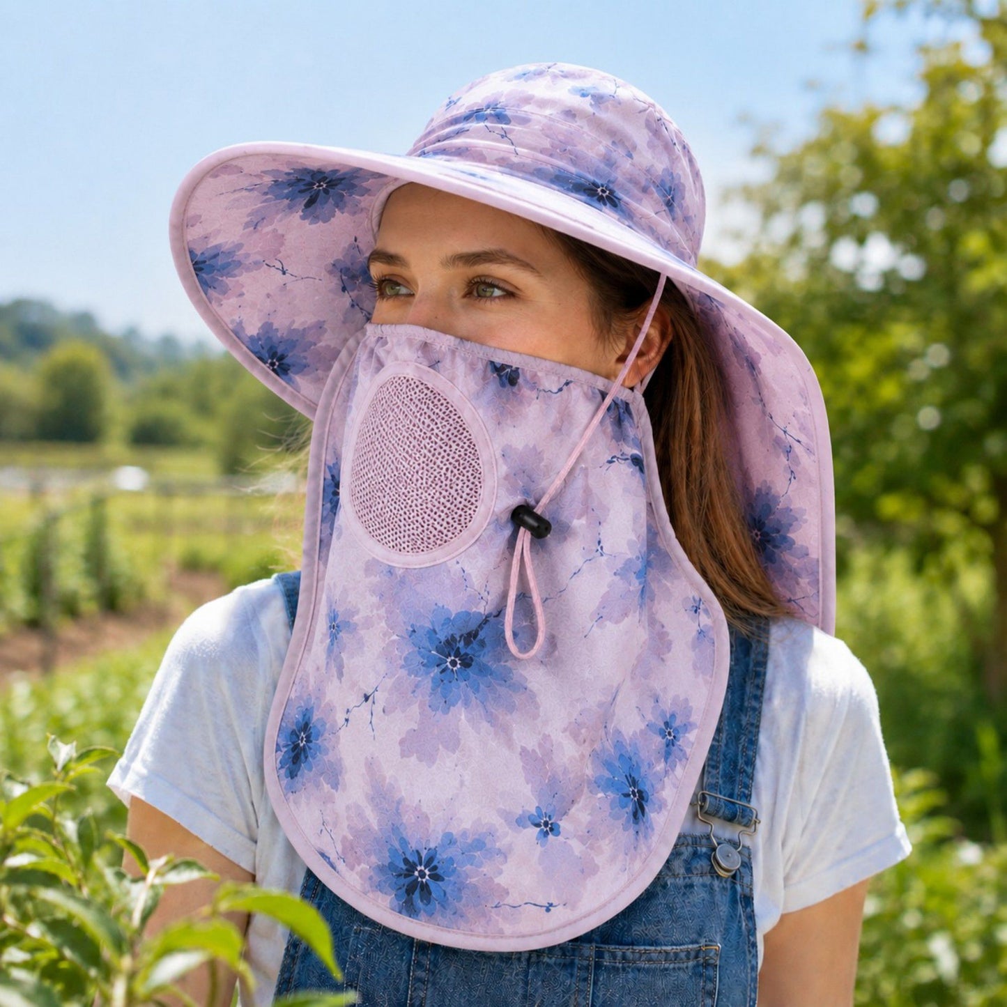 Floral Wide Brim Sun Hat with Face Cover Neck Flap and Mesh Breathing Panel