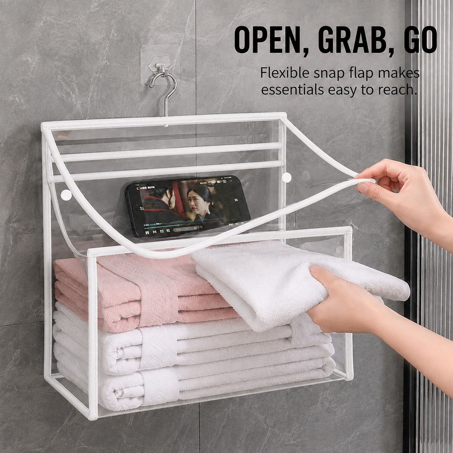 Clear Hanging Wall Storage Bag with Snap Flap Hook Bathroom Organizer