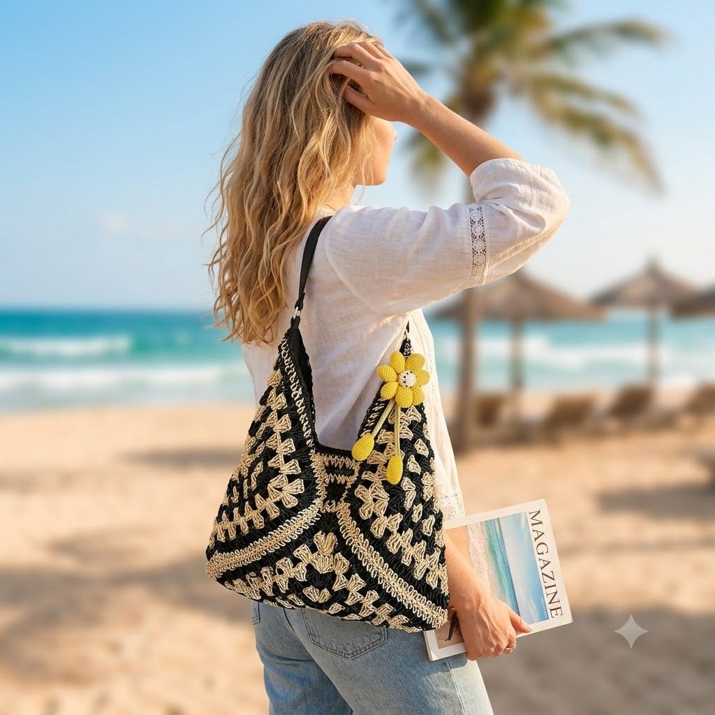 Women's Crochet Woven Hobo Shoulder Bag with Daisy Charm and Lined Interior