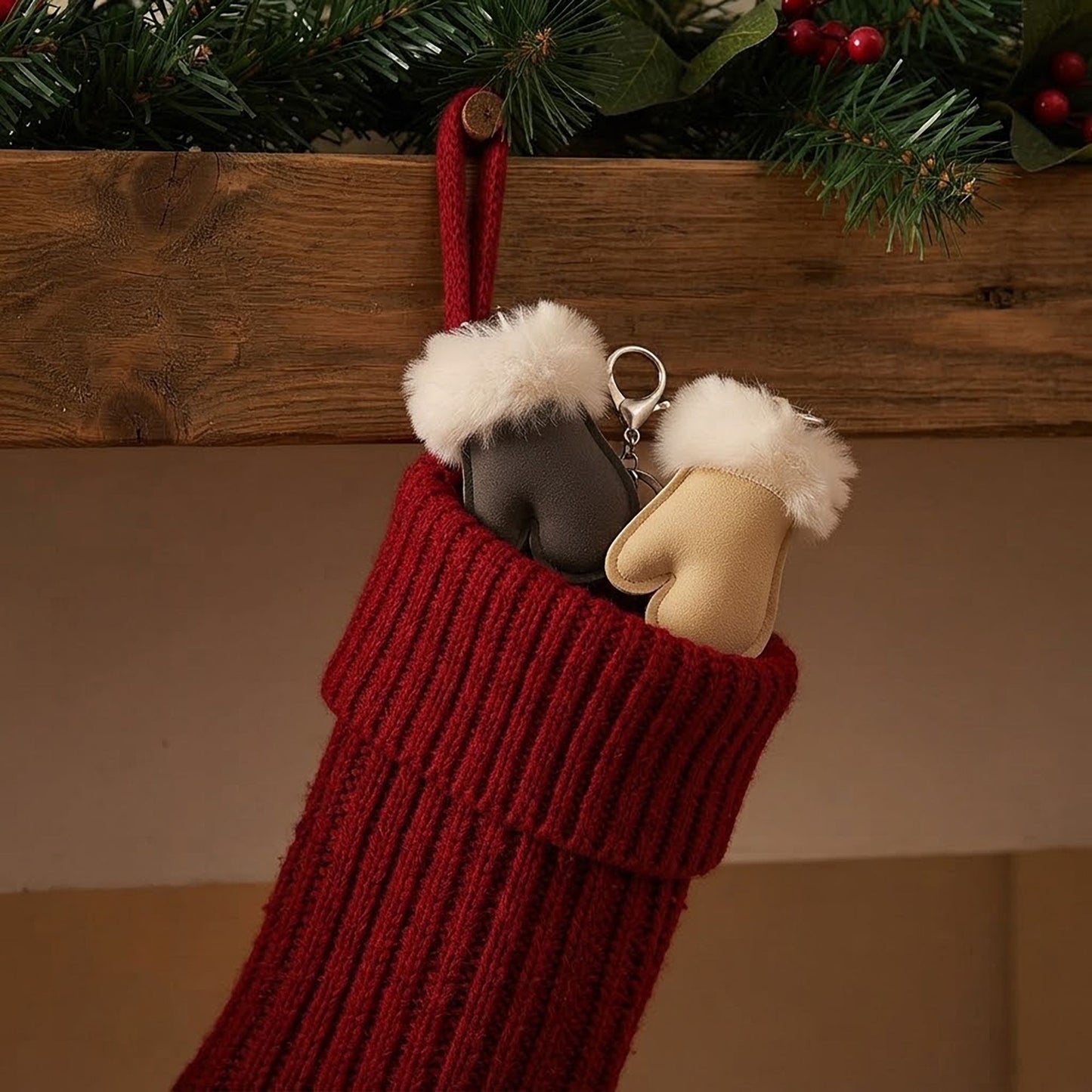 Faux Fur Trimmed Mitten Keychain Winter Bag Charm Set
