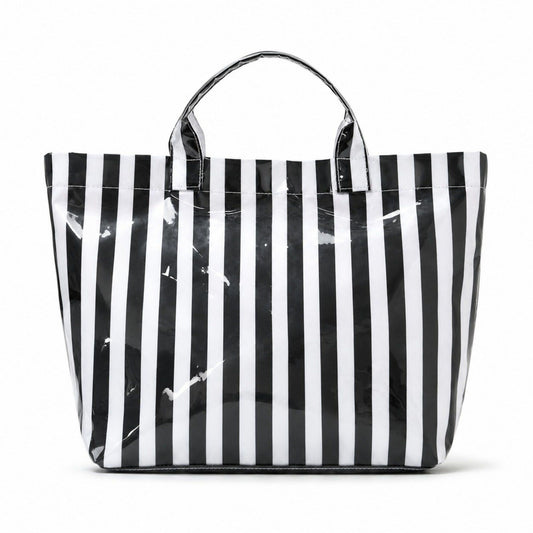 Striped Tote Bag Glossy Coated Large Capacity Shoulder Bag for Travel and Beach