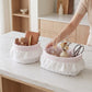 Pink Gingham Fabric Storage Basket with Lace Ruffle