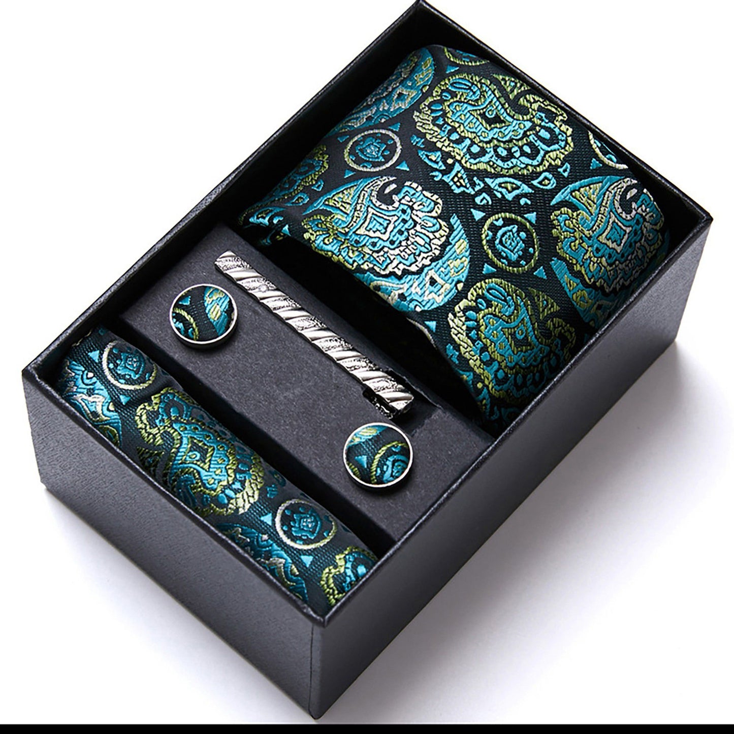 Men's Paisley Pattern Tie Gift Set with Matching Pocket Square Cufflinks and Silver Tie Clip