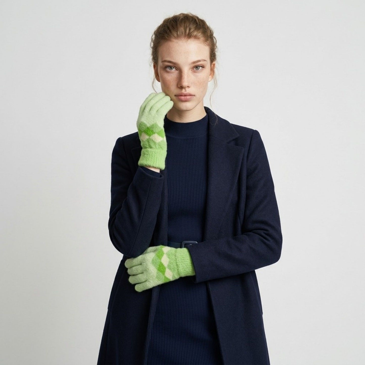 Soft Knit Gloves with Argyle Pattern and Cozy Fuzzy Texture 8.2 x 3.5in