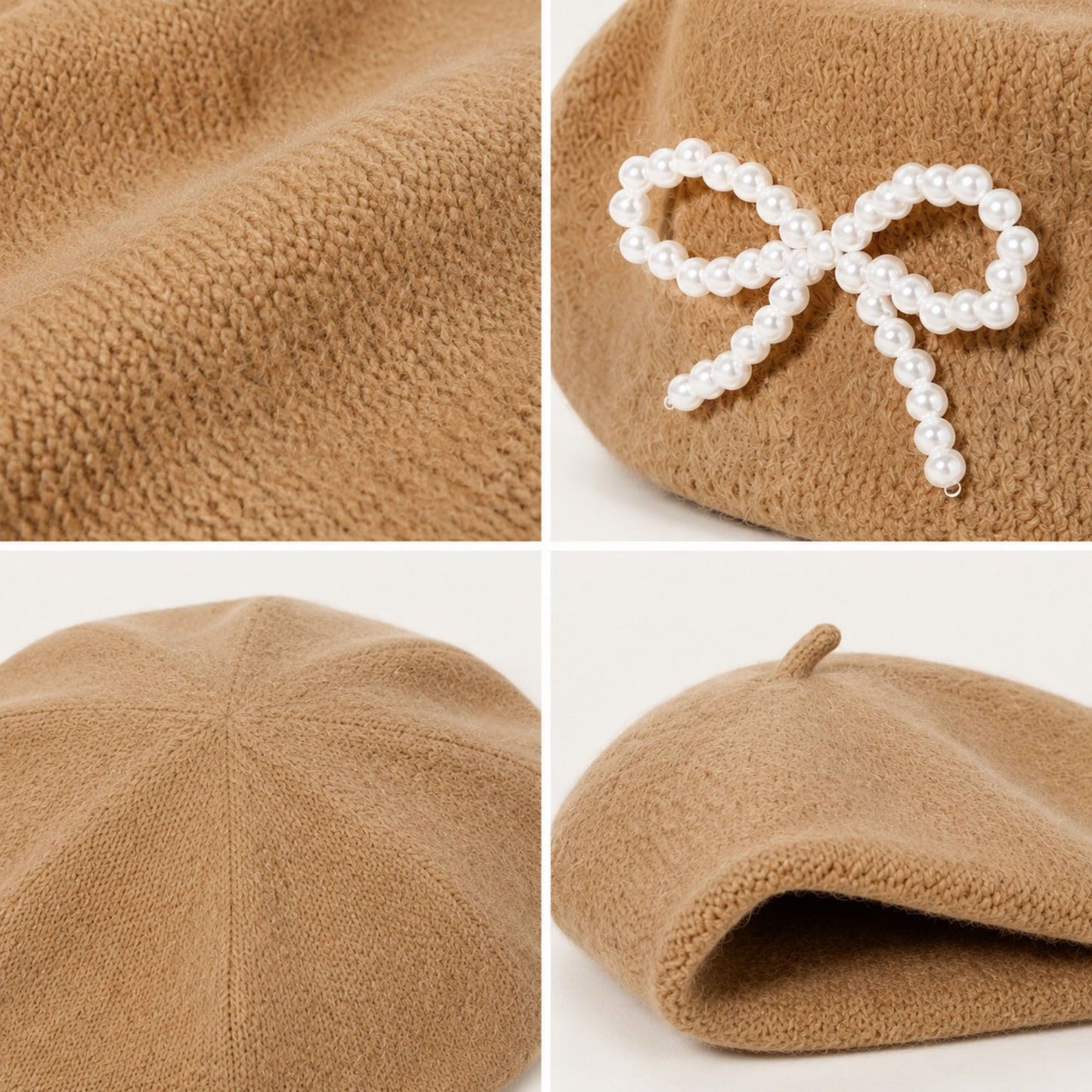 Pearl Bow Embellished Knit Wool Beret