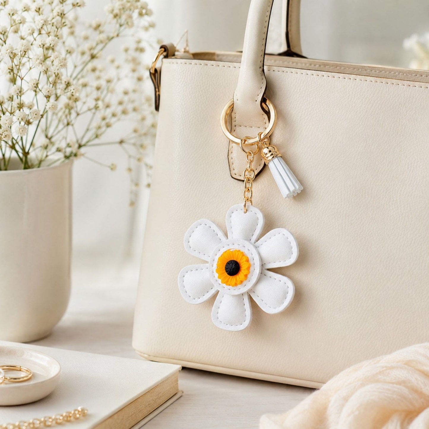Faux Leather Sunflower Bag Charm Keychain Beige Floral Purse Accessory with Tassel