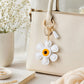 Faux Leather Sunflower Bag Charm Keychain Beige Floral Purse Accessory with Tassel