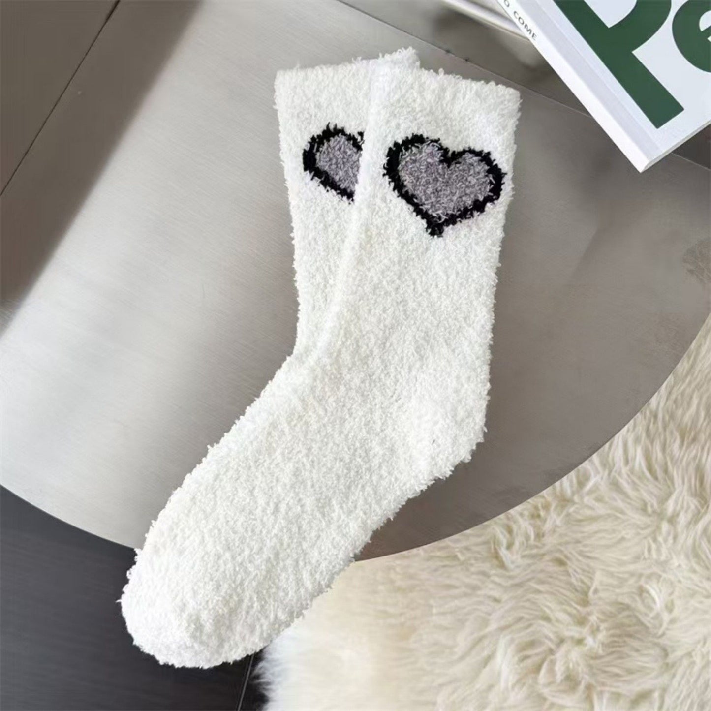 3-Pair Fuzzy Valentine Heart Knit Crew Socks Set with Soft Plush Texture, Stretchy Cozy Fabric, and Cute Heart Accent for Gifting