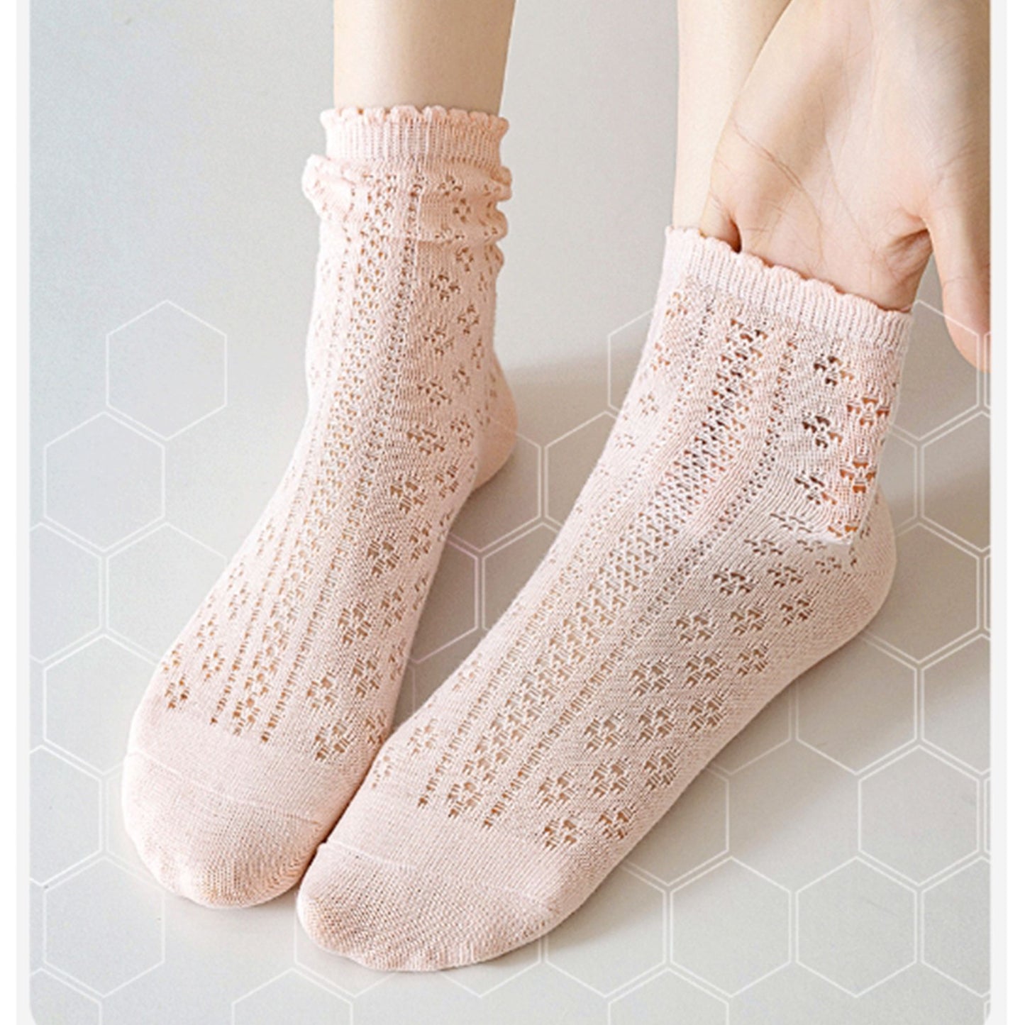 4 Pairs Women's Lace Knit Crew Socks Lightweight Breathable Mesh Style with Elastic Cuff in Assorted Patterns