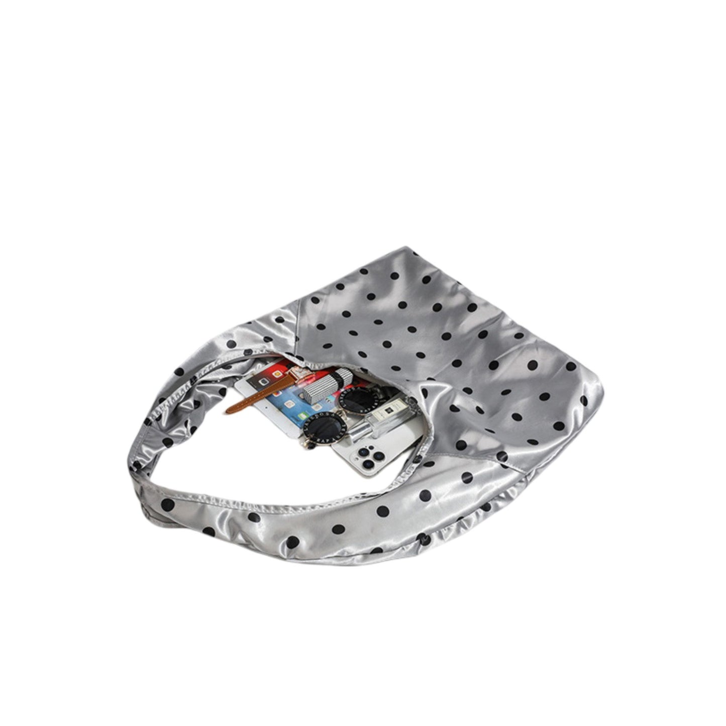 Silver Polka Dot Satin Tote Bag, Lightweight Slouchy Shoulder Bag for Women