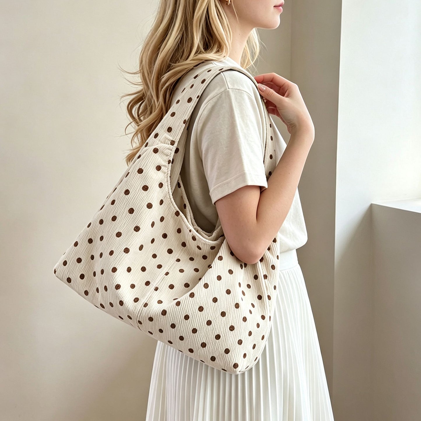 Polka Dot Corduroy Hobo Shoulder Bag with Wide Strap and Interior Pockets