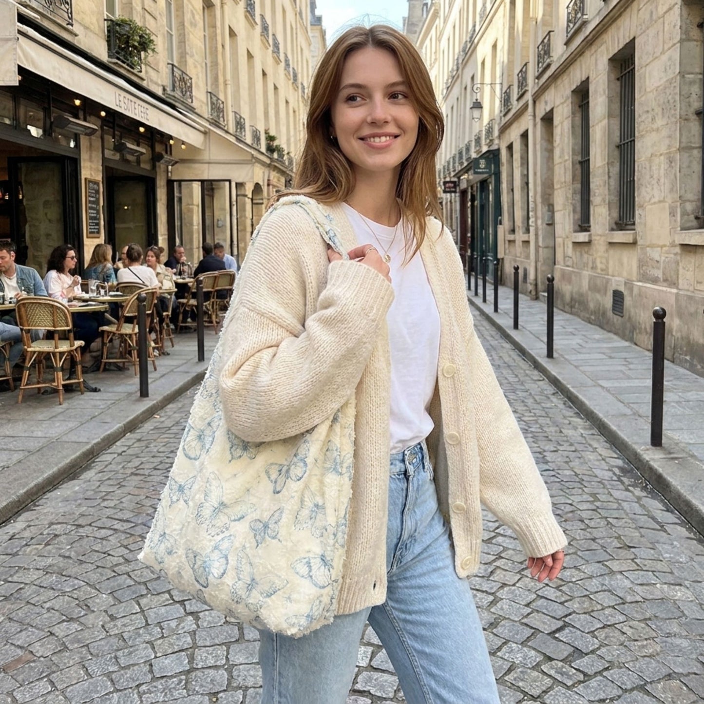 Butterfly Print Hobo Tote Bag with Lace Texture and Shoulder Handle