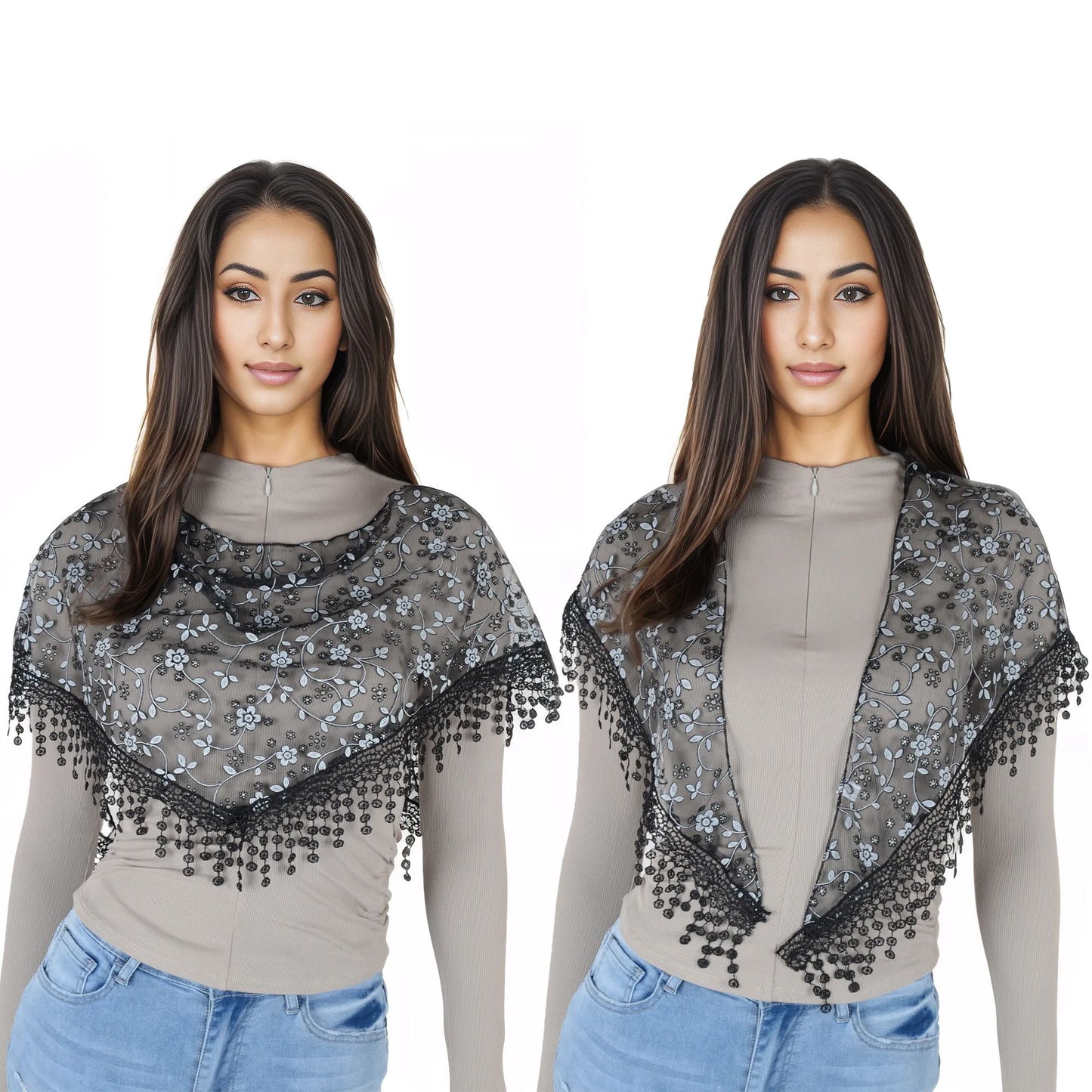 Lightweight Lace Floral Head Scarf Fringe Triangular Shawl