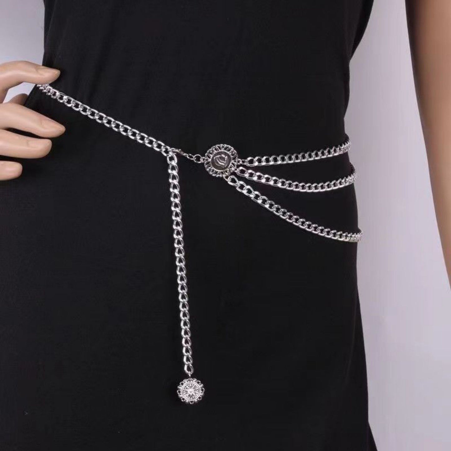 Layered Chain Waist Belt with Triple Draped Links and Decorative Medallion Accents for Stylish Detail 35.5in