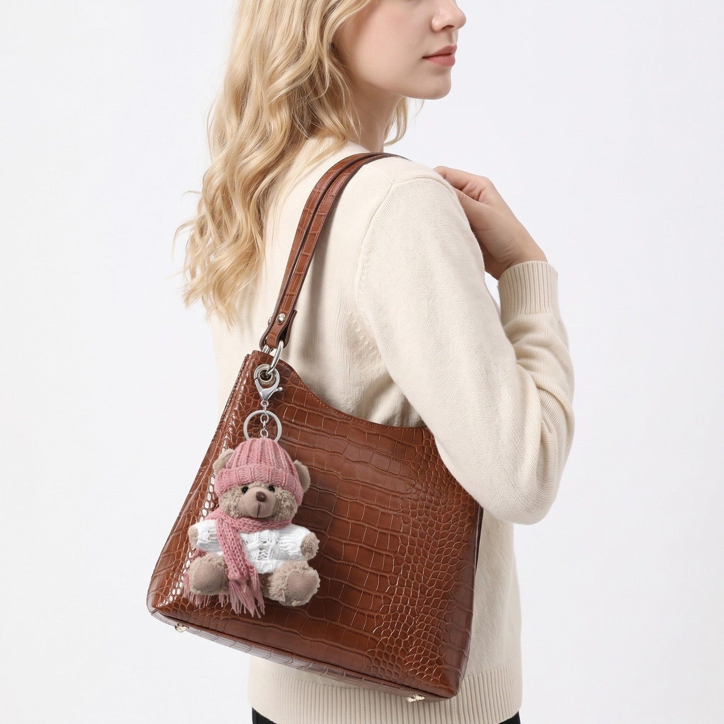 Plush Teddy Bear Keychain Bag Charm with Knit Hat and Scarf