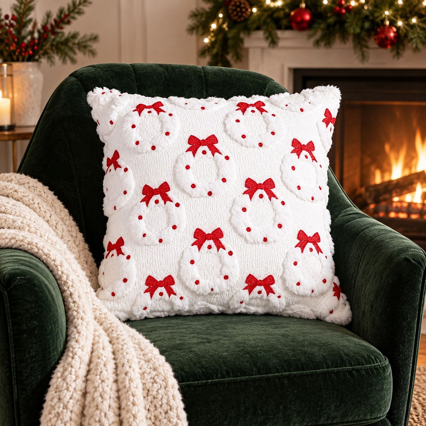 Christmas Wreath Bow Tufted Decorative Throw Pillow Cover