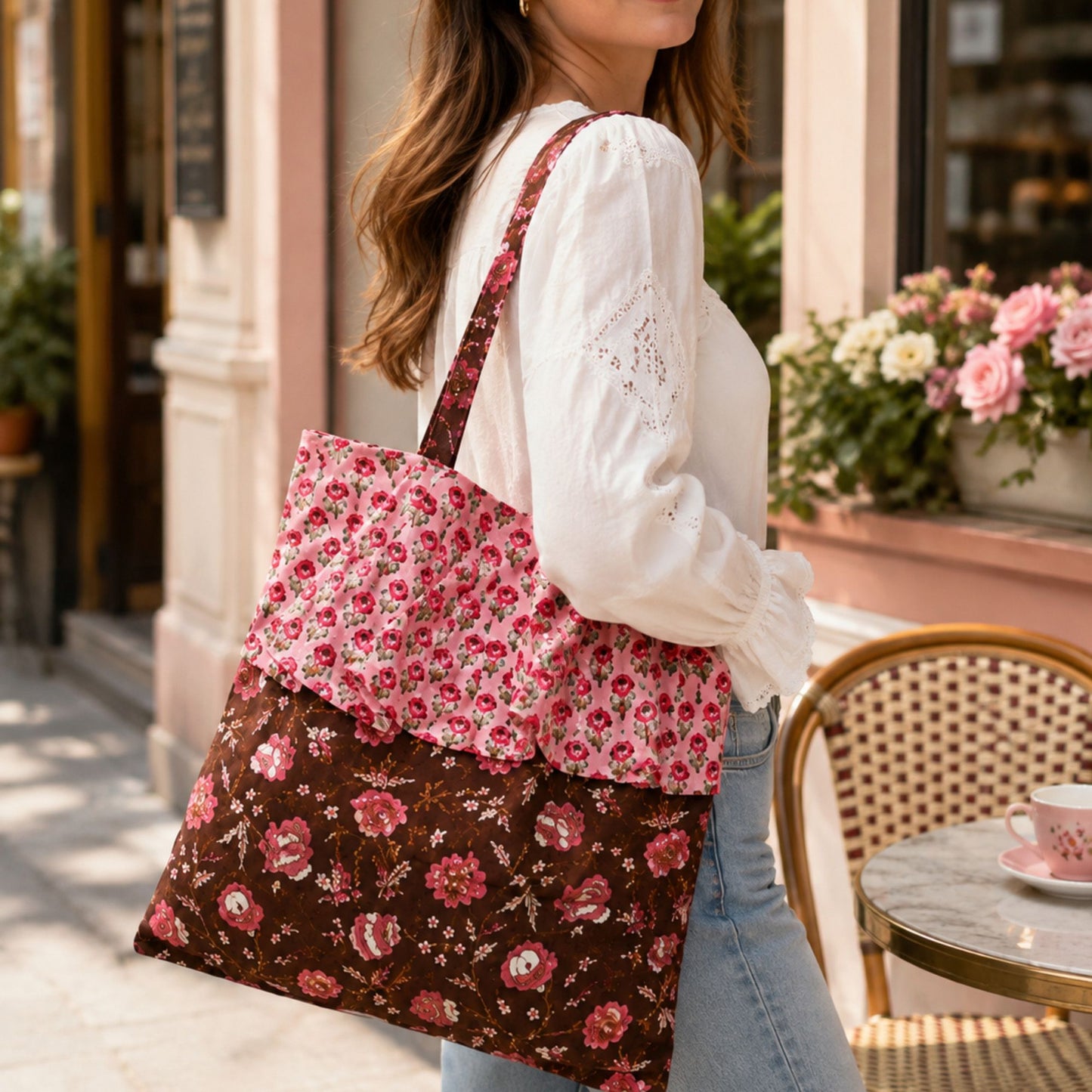 Vintage Floral Print Canvas Tote Bag Ruffled Edge Shoulder Bag Cottagecore Casual Everyday Shopper