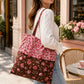 Vintage Floral Print Canvas Tote Bag Ruffled Edge Shoulder Bag Cottagecore Casual Everyday Shopper