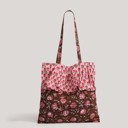 Vintage Floral Print Canvas Tote Bag Ruffled Edge Shoulder Bag Cottagecore Casual Everyday Shopper