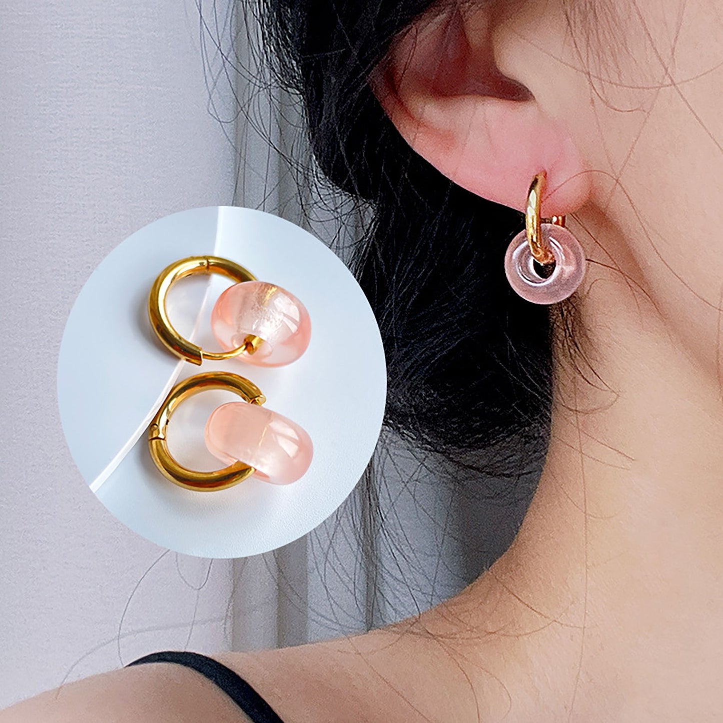 Women's Huggie Hoop Earrings with Gemstone Drop - Edgy Minimalist Statement Earrings