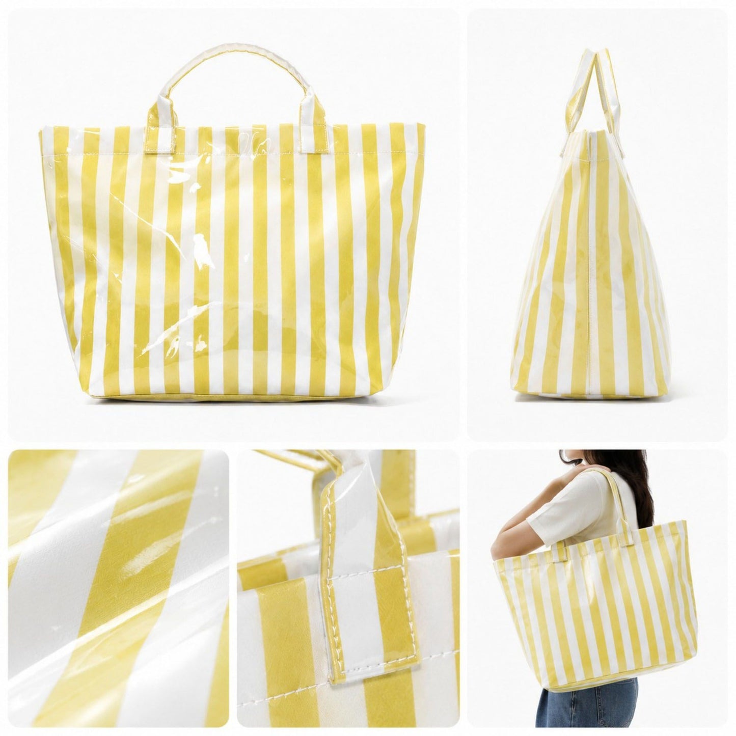 Striped Tote Bag Glossy Coated Large Capacity Shoulder Bag for Travel and Beach