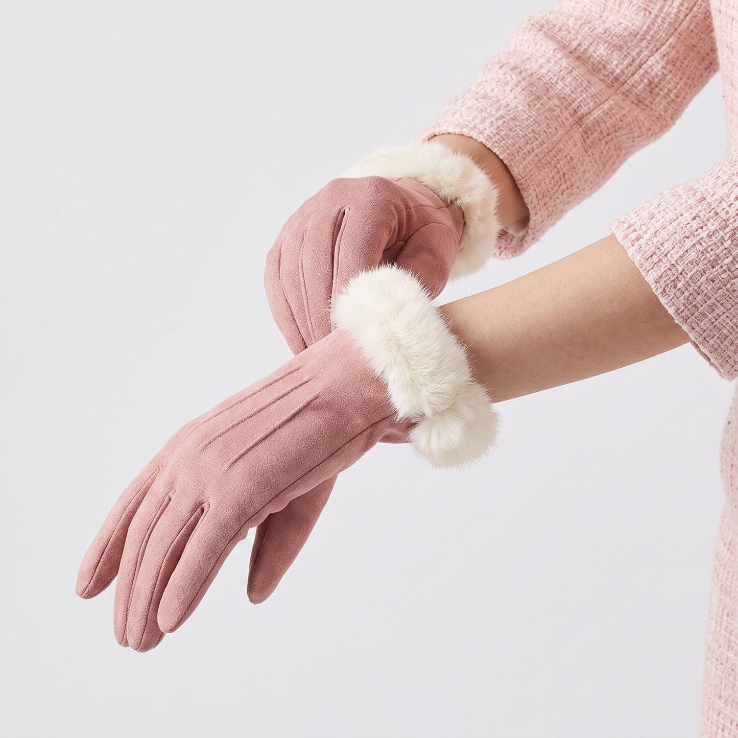 Faux Fur Cuff Full Finger Gloves with Soft Suede Like Finish