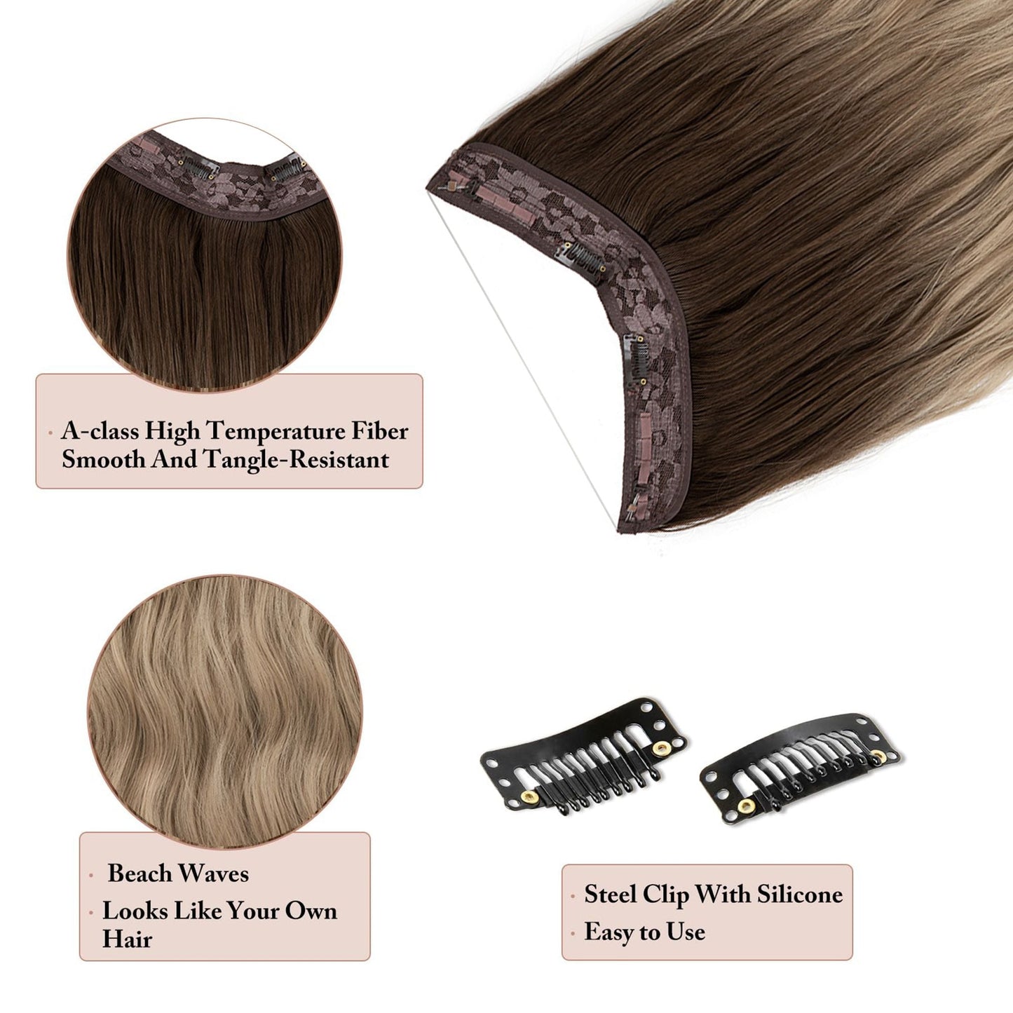 One Piece Long Wavy Curly Clip in Hair Wig Extension 20 Inches High for Women 4 Clips  Brown