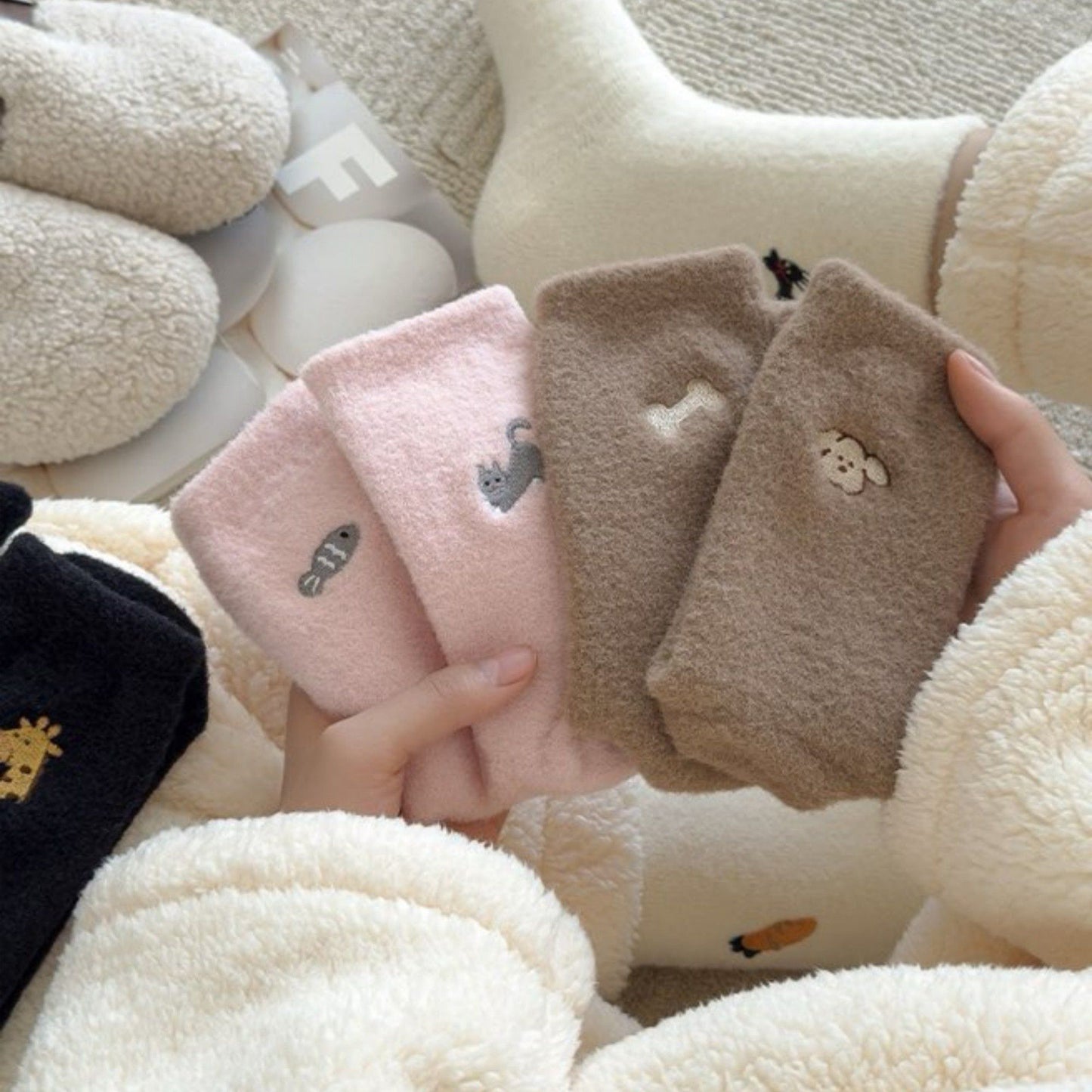 3-Pair Fuzzy Crew Sock Set with Cute Embroidery US 5¨C10