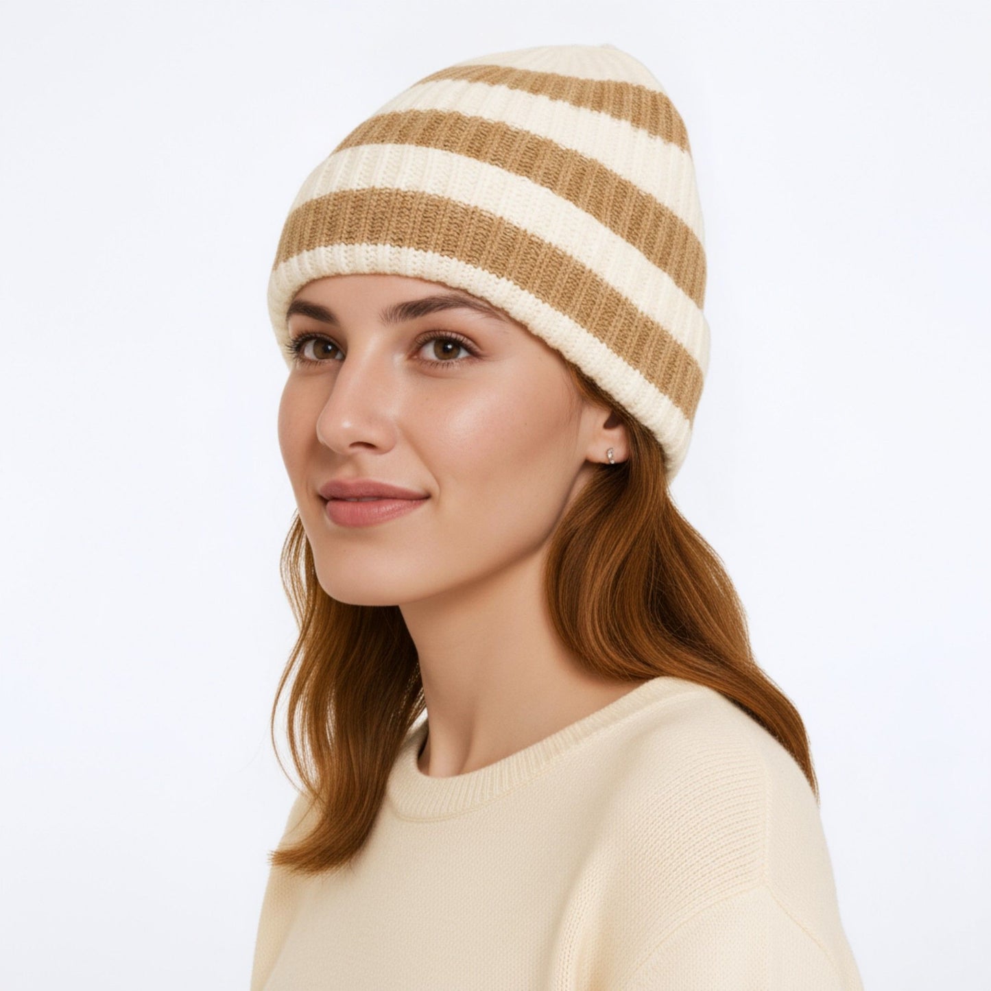 Unisex Striped Knit Beanie Hat Cuffed Warm Winter Cap