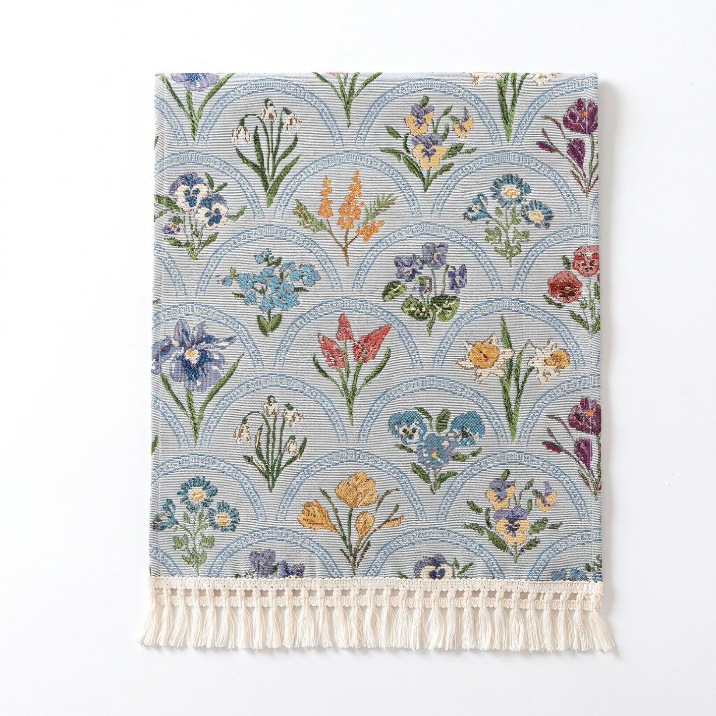 Beige Multicolor Floral Woven Table Runner with Tassel Fringe 13.8x47.2in
