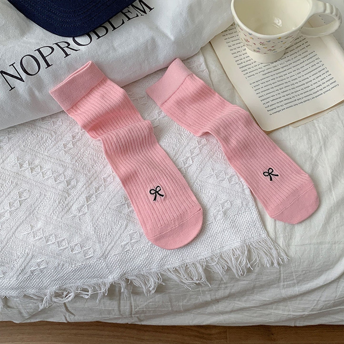 Ribbed Ankle Socks with Bow Embroidery 6Pk