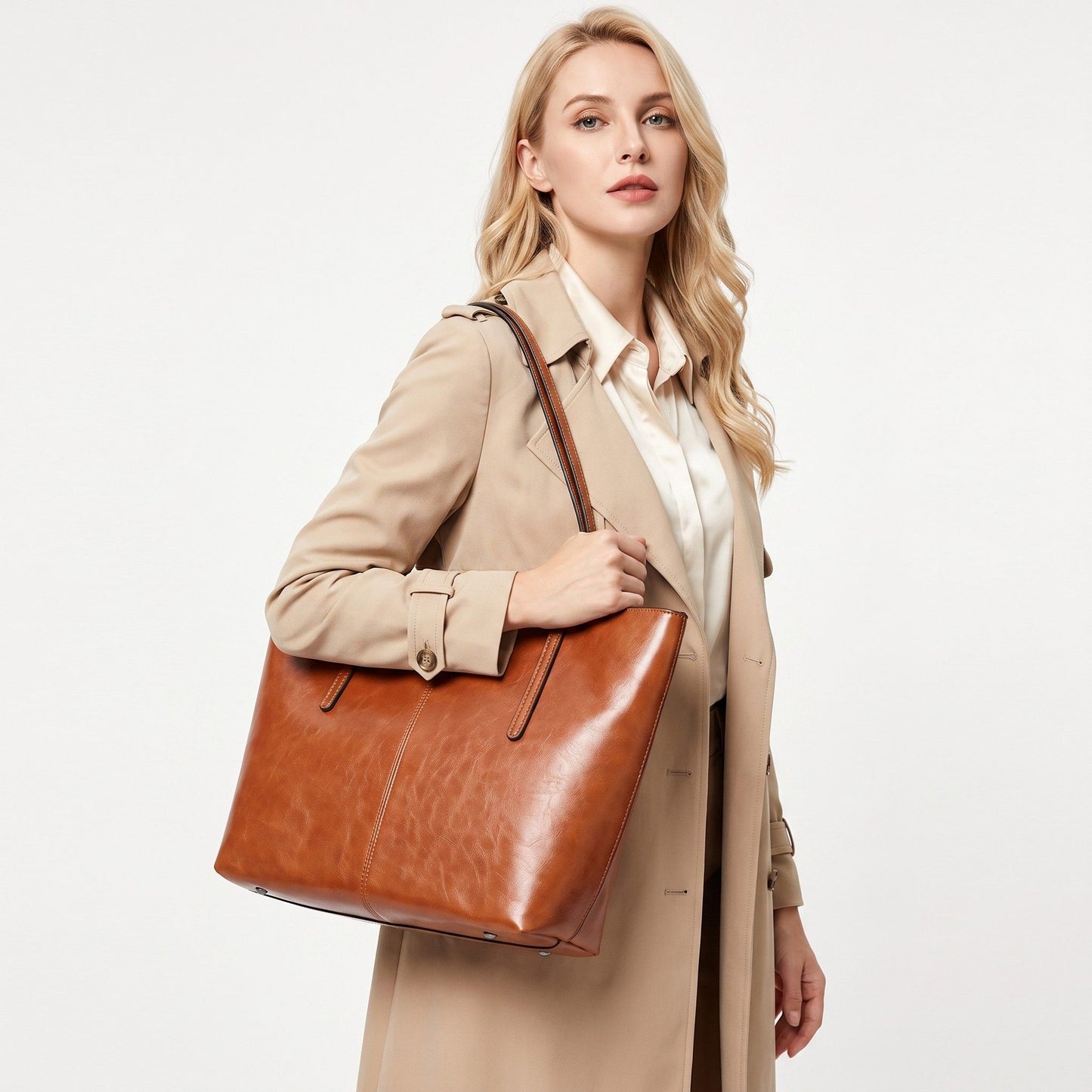 Large Faux Leather Tote Bag with Zip Closure and Interior Pockets