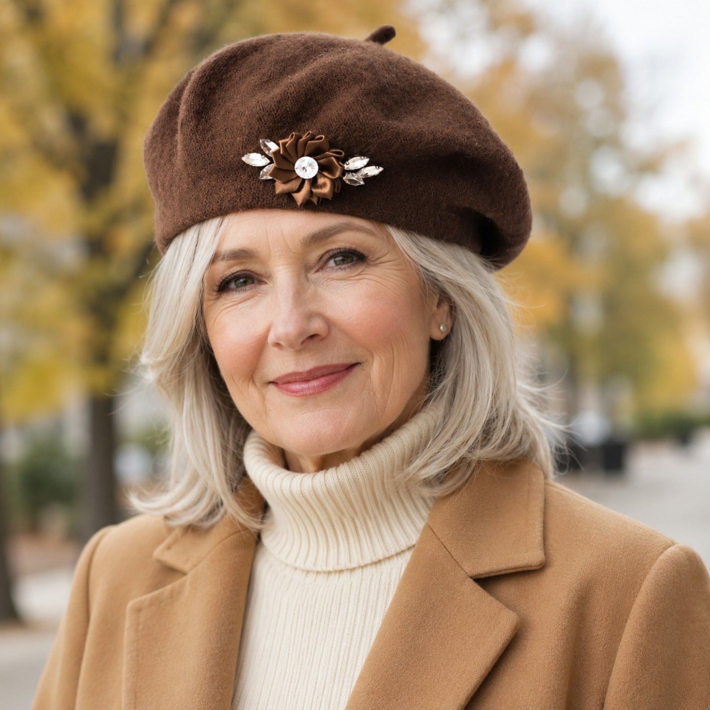 Rhinestone & Flower Embellished Knit Wool Beret