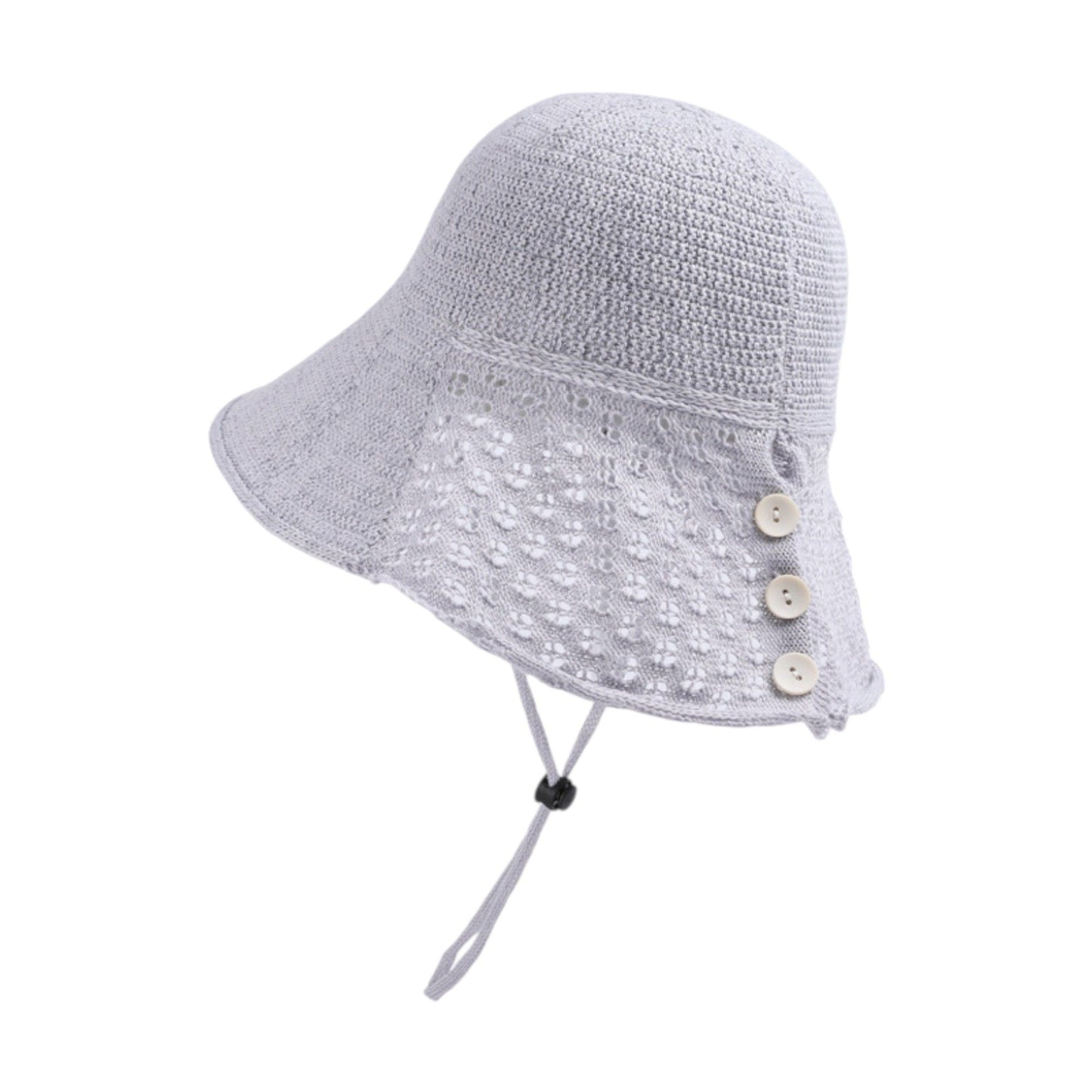 Crochet Bucket Hat with Adjustable Chin Strap and Back Button Eyelet Panel for Sun Protection