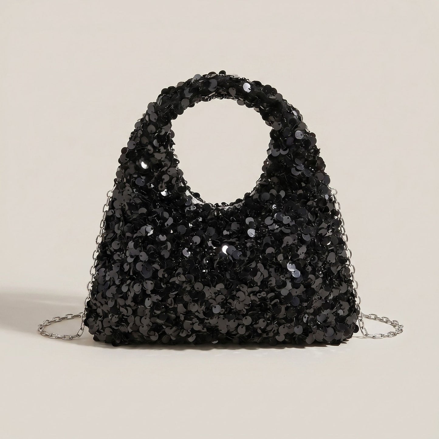 Sequin Top Handle Mini Bag with Round Cutout Handle and Chain Strap