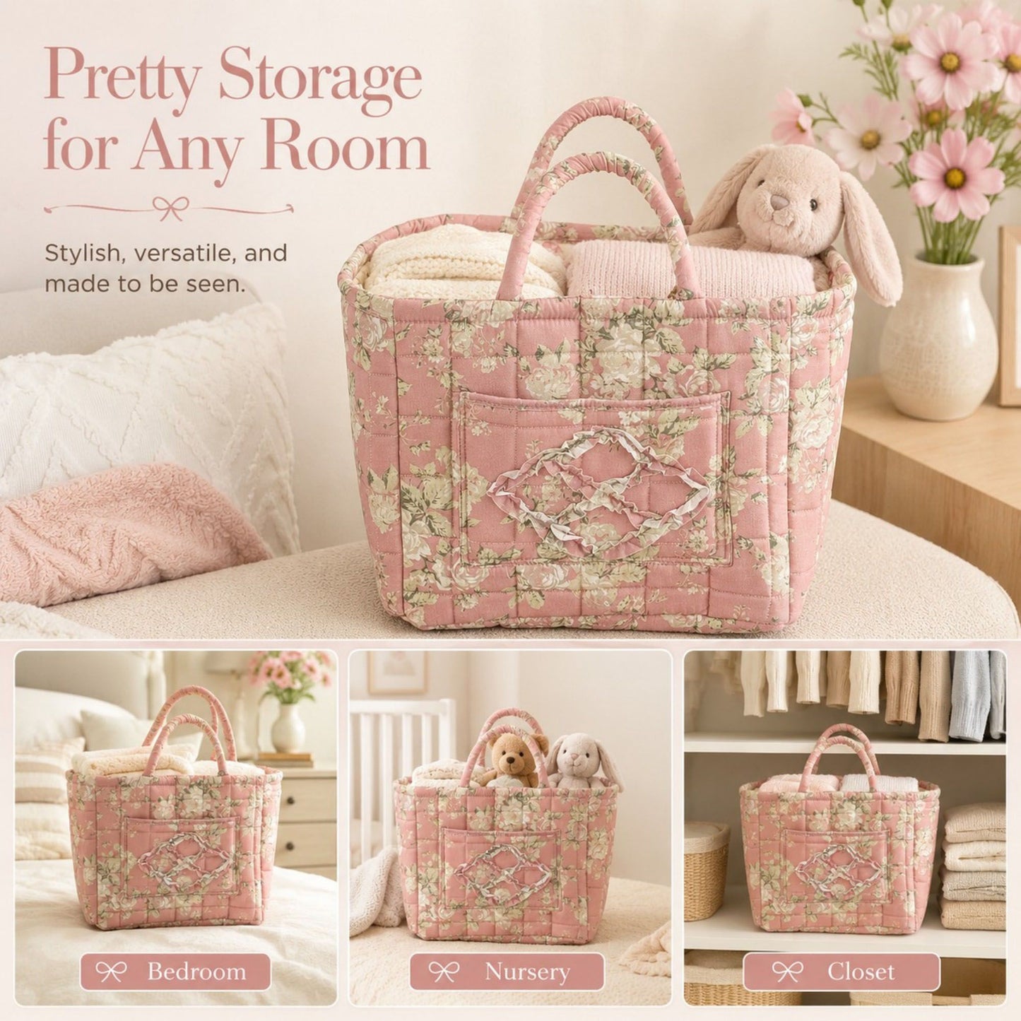 Quilted Floral Storage Caddy with Handles for Vanity Dorm Bathroom and Laundry Room