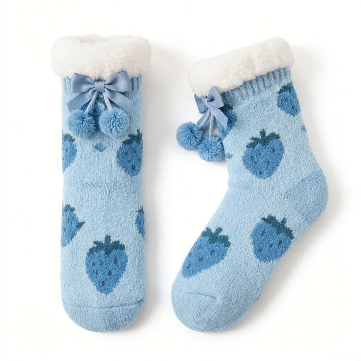 Fuzzy Strawberry Bow Crew Socks  US 5-10.5