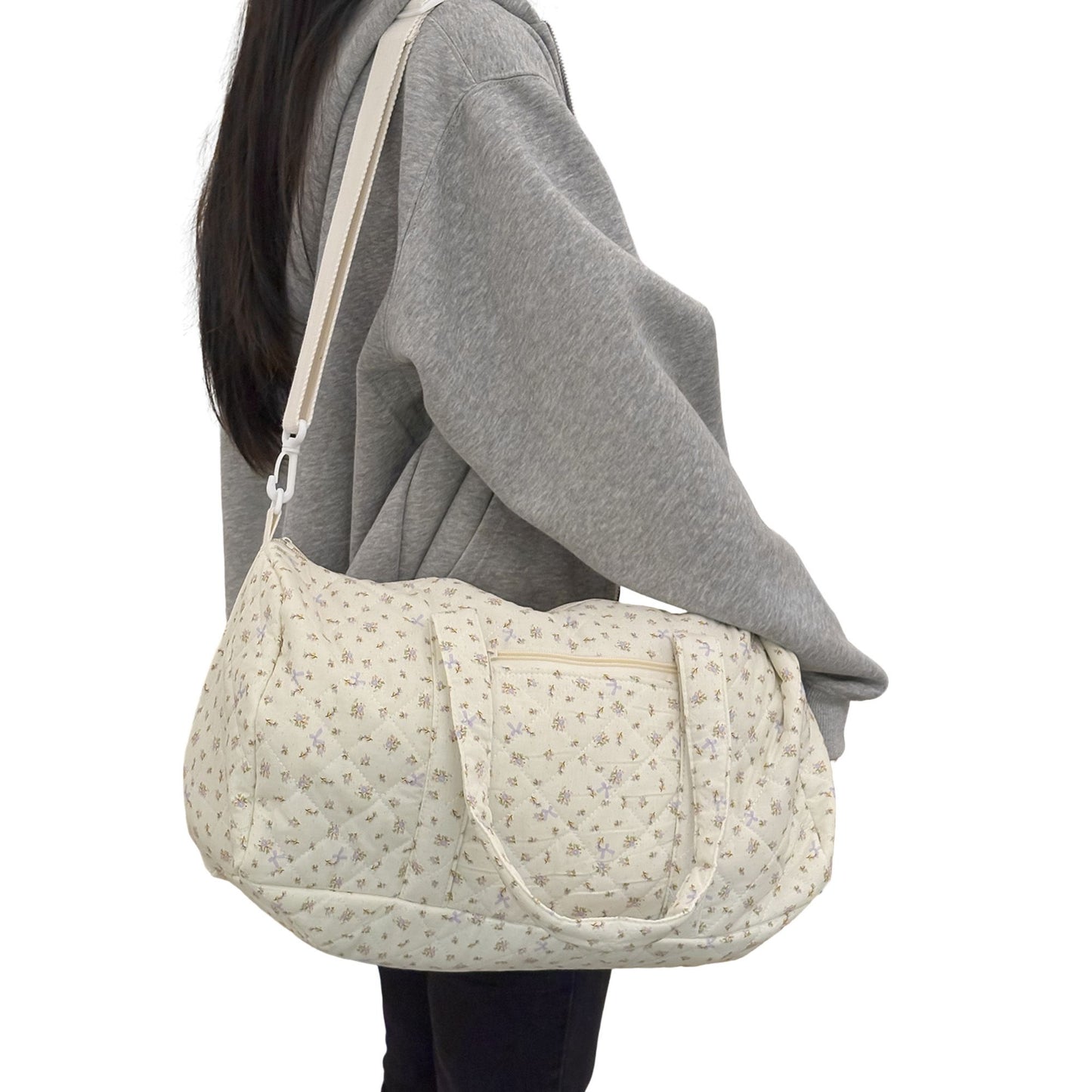 Quilted Cotton Duffel Bag with Floral Print and Double Handle Design
