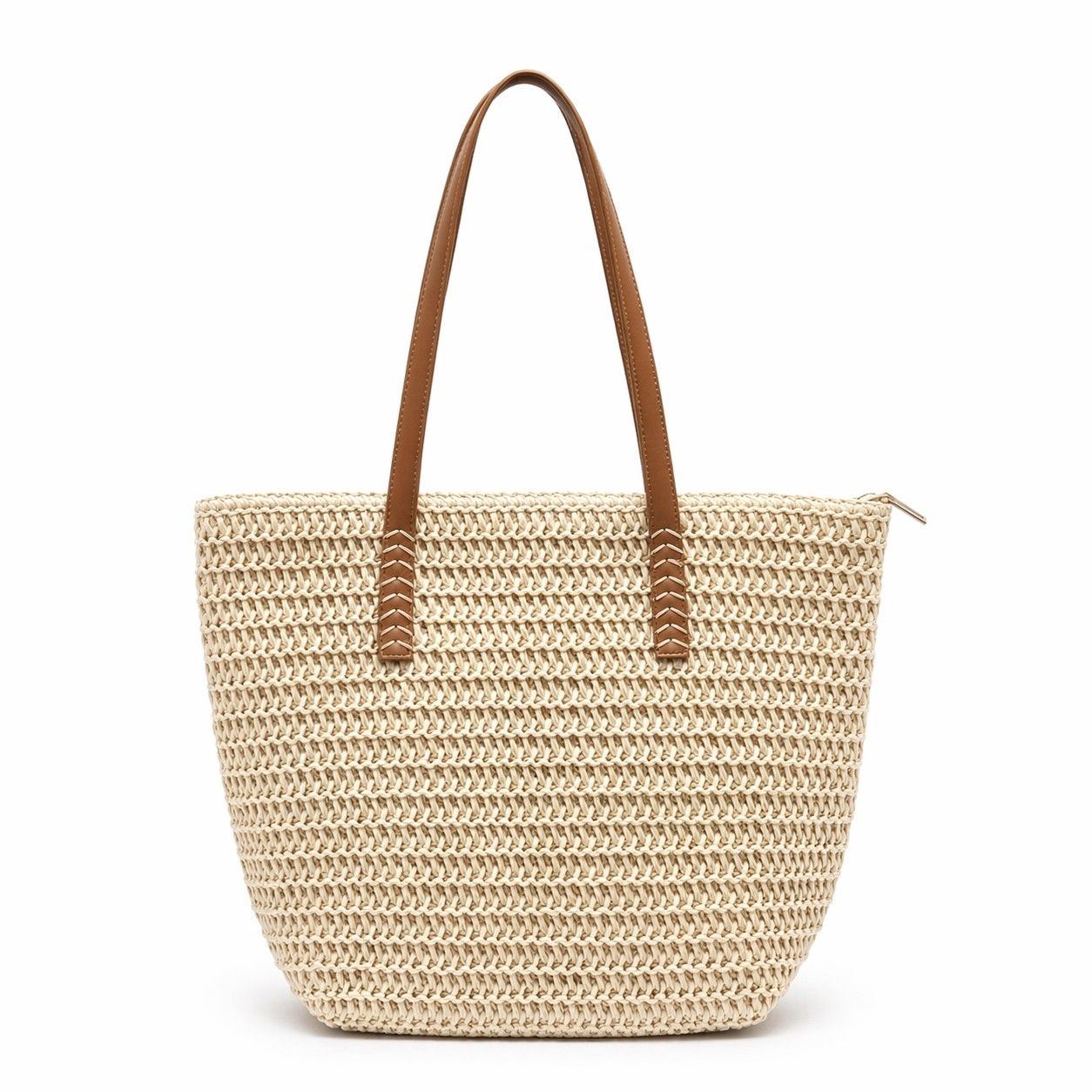 Woven Straw Tote Bag with Leather Shoulder Straps Lightweight Crochet Knit Large Capacity Bag