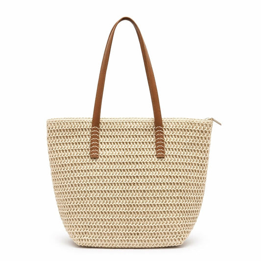 Woven Straw Tote Bag with Leather Shoulder Straps Lightweight Crochet Knit Large Capacity Bag