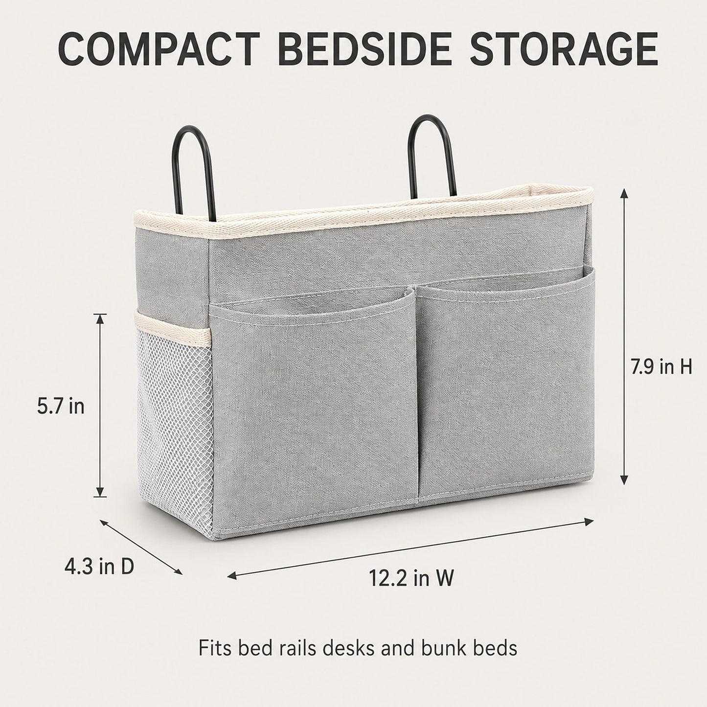 Hanging Bedside Storage Caddy with Hooks and Multiple Pockets Bed Rail Organizer
