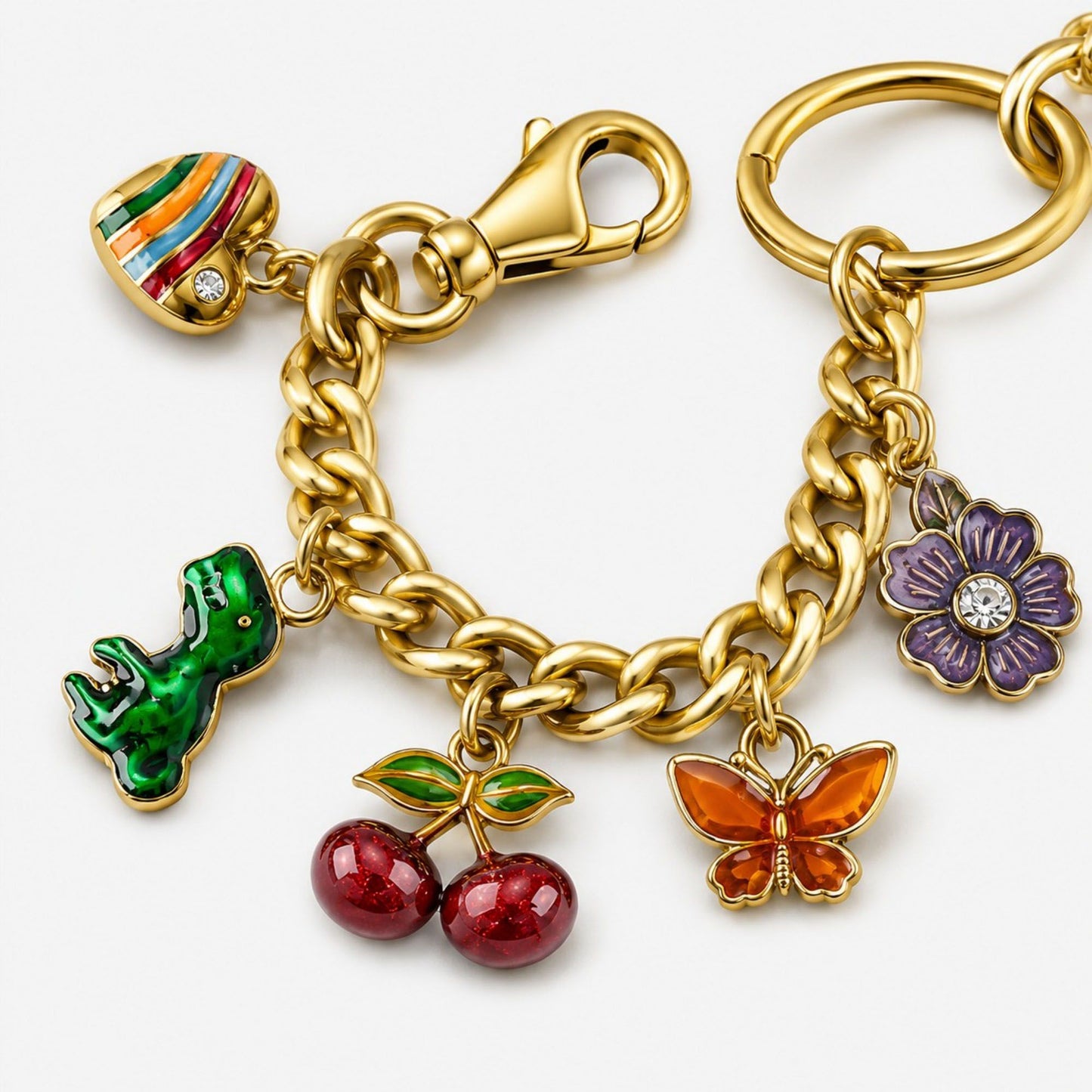 Gold Tone Charm Chain Bag Accessory with Cherry Dinosaur Heart Flower and Horseshoe Accents