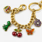 Gold Tone Charm Chain Bag Accessory with Cherry Dinosaur Heart Flower and Horseshoe Accents